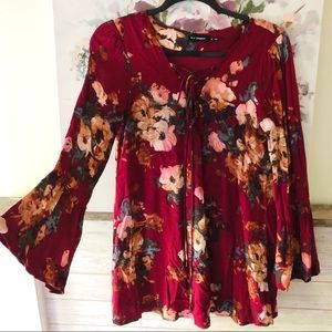 Maroon Floral Short Dress with Bell Sleeves